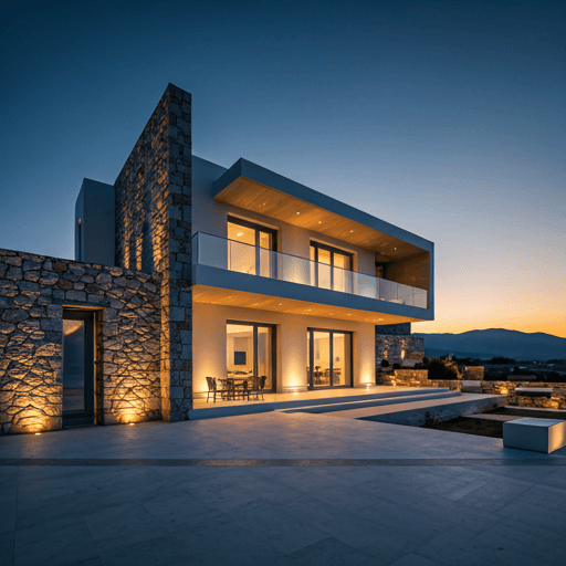A modern Olympos Iason residence at dusk